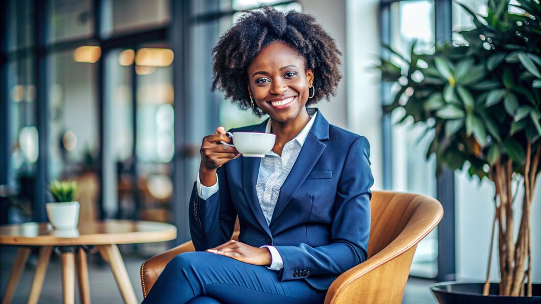 beautiful-business-african-woman-dark-blue-suit-is-sitting-chair-drink-coffee-smiling_146105-7671